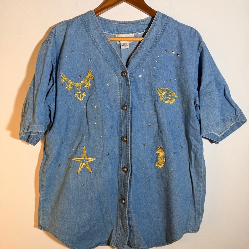 Vintage Embroidered Denim Button-Up Shirt